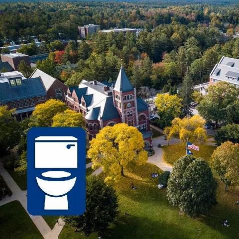 Gender inclusive restrooms icon over photo of Thompson Hall