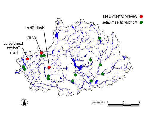 A map showing sampling sites of the LRHO in the Lamprey River watershed